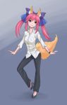  1girl animal_ears bow caster_(fate/extra) casual colored fate/extra fate_(series) fox_ears fox_tail full_body hair_bow hair_ribbon high_heels highres jiffic pants pink_hair ribbon shirt solo standing tail twintails wristband yellow_eyes 