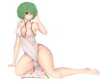  1girl alternate_costume arm_support bare_shoulders barefoot breasts china_dress chinese_clothes cleavage cleavage_cutout cookin covered_navel curvy dress feet green_hair hand_on_own_head heart kazami_yuuka large_breasts legs looking_at_viewer naughty_face no_panties red_eyes short_hair sideboob sleeveless sleeveless_dress smile solo thick_thighs thighs touhou wide_hips 