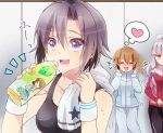  81_(mellowry) black_eyes black_hair blush bottle brown_hair grey_hair hagiwara_yukiho heart idolmaster kikuchi_makoto long_hair shijou_takane short_hair smile towel track_suit violet_eyes 