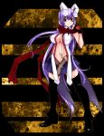  1girl absurdly_long_hair adapted_costume animal_ears aoshima belt black_gloves black_legwear breasts fingerless_gloves gloves highres large_breasts long_hair looking_at_viewer midriff navel no_bra open_clothes open_shirt pleated_skirt purple_hair rabbit_ears red_eyes reisen_udongein_inaba revealing_clothes scarf skirt sleeveless sleeveless_shirt smile solo thighhighs touhou very_long_hair 