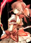  1girl back bow bow_(weapon) choker dress fumiko_(miruyuana) hair_bow kaname_madoka looking_at_viewer magical_girl mahou_shoujo_madoka_magica pink_dress pink_eyes pink_hair puffy_short_sleeves puffy_sleeves ribbon_choker short_sleeves solo twintails weapon white_legwear 