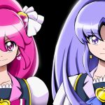  2girls aino_megumi aitaso black_background brooch cure_fortune cure_lovely earrings hair_ornament happinesscharge_precure! heart_hair_ornament hikawa_iona jewelry long_hair lowres magical_girl multiple_girls pink_eyes pink_hair precure purple_hair smile violet_eyes 