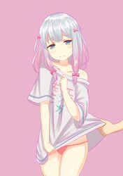  1girl absurdres adrenaline!!! bangs bare_shoulders blue_eyes blush closed_eyes closed_mouth collarbone cowboy_shot dylannn embarrassed eromanga_sensei gradient gradient_hair half-closed_eyes highres izumi_sagiri legs legs_together long_hair looking_at_viewer multicolored_hair off_shoulder panties pantyshot pantyshot_(standing) pink_panties pulled_by_another shirt shirt_pull shirt_tug sidelocks silver_hair simple_background solo standing string_panties t-shirt tearing_up tears underwear white_shirt 