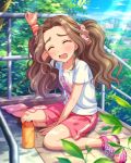  1girl bottle brown_hair closed_eyes idolmaster idolmaster_cinderella_girls kusakabe_wakaba leaf long_hair solo tired towel tree tree_branch twintails 