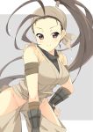  1girl antenna_hair bandages breasts brown_eyes brown_hair hand_on_hip ibuki long_hair looking_at_viewer ninja ponytail sasakura smile solo street_fighter 