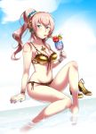  1girl aqua_eyes bare_shoulders bikini breasts caffein cleavage highres long_hair megurine_luka nail_polish pink_hair side-tie_bikini sky solo straw swimsuit vocaloid 