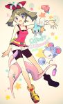  1girl bike_shorts blue_eyes brown_hair copyright_name fanny_pack full_body hair_ribbon haruka_(pokemon) haruka_(pokemon)_(remake) heart highres looking_at_viewer luvdisc marill mudkip nago_celica open_mouth outstretched_arm pokemon pokemon_(creature) pokemon_(game) pokemon_oras ribbon shoes short_shorts shorts sleeveless sleeveless_shirt star two_side_up wristband 