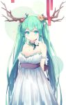  1girl antlers breasts cleavage dress flower green_eyes green_hair hair_flower hair_ornament hatsune_miku highres long_hair lyodi smile solo twintails very_long_hair vocaloid 