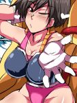  1girl armor black_hair blown_kiss breasts brown_eyes cleavage dragon_ball dragon_ball_z gloves large_breasts leotard monkey_tail nightmare-doom outstretched_hand seripa short_hair solo white_gloves 