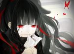  1girl artist_request azami_(kagerou_project) black_hair butterfly crying kagerou_project letter long_hair medusa monster_girl pecchii red_eyes sad solo spot_color tears 