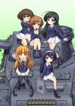  5girls ahoge akiyama_yukari anglerfish arm_support black_hair black_legwear blue_hair blush boots brown_eyes brown_hair emblem girls_und_panzer green_background hairband highres hug hug_from_behind isuzu_hana jacket long_hair long_sleeves looking_at_viewer messy_hair military military_uniform military_vehicle miniskirt multiple_girls murasaki_atsushi nishizumi_miho one_eye_closed open_mouth orange_eyes orange_hair panzerkampfwagen_iv pleated_skirt reizei_mako short_hair sitting skirt smile socks standing takebe_saori tank thigh-highs uniform vehicle wink 