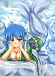  1girl arm_support blue_eyes blue_hair breasts cleavage head_fins japanese_clothes kimono looking_at_viewer mermaid monster_girl obi pirorun sash smile solo touhou wakasagihime water 