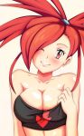  1girl asuna_(pokemon) bare_shoulders blush breasts cleavage crop_top grin hair_over_one_eye large_breasts long_hair looking_at_viewer midriff one_eye_closed pokemon pokemon_(game) pokemon_rse ponytail red_eyes redhead shiny shiny_skin smile solo vivivoovoo wink 