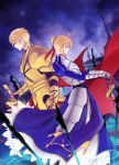  1boy 1girl armor armored_dress aruk_(scuderiaf) blonde_hair caliburn ea_(fate/stay_night) earrings gilgamesh jewelry planted_sword planted_weapon saber sword weapon 