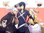  1boy blonde_hair blue_hair blush closed_eyes dress fire_emblem fire_emblem:_kakusei frog fukune girl_sandwich hair_ornament krom liz_(fire_emblem) long_hair my_unit o_o robe sandwiched silver_hair smile snake twintails yellow_eyes 