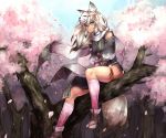  1girl animal_ears blue_eyes cherry_blossoms fox_ears fox_mask fox_tail kageshio_(276006) long_hair looking_at_viewer mask sitting solo tail white_hair 