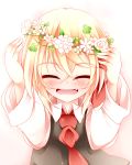  1girl ascot blonde_hair closed_eyes fang_out hair_ribbon happy head_wreath highres kuroyume_(dark495) long_sleeves ribbon rumia simple_background smile solo touhou vest 