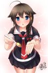  1girl blouse blue_eyes braid breasts brown_hair food gloves go-it hair_ornament hairclip kantai_collection long_hair open_mouth personification pleated_skirt school_uniform serafuku shigure_(kantai_collection) short_sleeves single_braid skirt smile spoon 