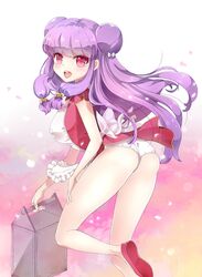  1girl apron bell bow colored_eyelashes double_bun highres jingle_bell keichan long_hair looking_back miniskirt panties payot purple_hair ranma_1/2 red_eyes shampoo_(ranma_1/2) shoes skirt smile solo standing_on_one_leg underwear white_panties 