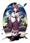  1girl :3 animal_ears brown_hair cat_ears cat_tail earrings green_eyes hair_ornament highres holding jewelry knife looking_at_viewer multiple_tails original parted_lips short_hair silhouette staff tail ugume walking wide_sleeves 
