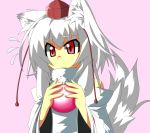  1girl :3 animal_ears bare_shoulders blush detached_sleeves hat holding inubashiri_momiji pink_background pom_pom_(clothes) red_eyes short_hair silver_hair simple_background solo tail tokin_hat touhou wolf_ears wolf_tail 