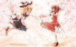  2girls apron blonde_hair bow brown_hair detached_sleeves hair_bow hair_tubes hakurei_reimu hat jumping kirisame_marisa long_hair long_sleeves looking_at_another mecco multiple_girls open_mouth revision shirt shoes skirt smile socks touhou witch_hat 