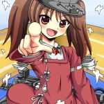  1girl brown_eyes brown_hair echigoya_no_dagashi flight_deck kantai_collection long_hair magatama open_mouth pointing pointing_at_viewer ryuujou_(kantai_collection) scroll shikigami smile solo twintails visor_cap 