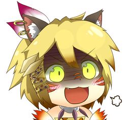  1girl :3 animal_ears bare_shoulders blonde_hair cat_ears cat_girl earrings facial_mark fang feathers fuu_(p&amp;d) glowing glowing_eyes green_eyes gyate_gyate hair_feathers hair_ornament hoop_earrings jewelry kanchigai leopard_ears multiple_earrings necklace open_mouth puzzle_&amp;_dragons shaded_face short_hair simple_background smile solo white_background 