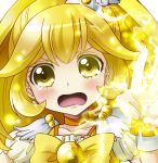  1girl absurdres blonde_hair choker cure_peace earrings electricity hair_ornament highres jewelry kise_yayoi long_hair magical_girl portrait precure sharumon smile_precure! solo tears tiara v wrist_cuffs yellow_eyes 