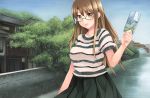  1girl blush breasts brown_eyes brown_hair building female glasses kouno_hikaru large_breasts long_hair looking_at_viewer open_mouth oribe_shiori original pamphlet semi-rimless_glasses skirt smile solo sweater tree under-rim_glasses wall water 