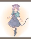  1girl adapted_costume akagashi_hagane alternate_costume animal_ears black_legwear capelet full_body gradient gradient_background grey_hair high_heels jewelry kneehighs long_sleeves looking_at_viewer mouse_ears mouse_tail nazrin orange_background red_eyes shirt short_hair simple_background skirt skirt_set smile solo striped tail touhou vest white_background 