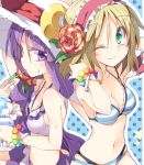  2girls ;) alice_margatroid armband bare_shoulders bikini blonde_hair bracelet breasts cleavage crescent_moon eating fingernails flower green_eyes hair_flower hair_ornament hairband hat jewelry long_hair moon multicolored_nail_polish multiple_girls nail_polish navel one_eye_closed patchouli_knowledge purple_hair satou_kibi shaved_ice sitting smile striped striped_bikini striped_swimsuit sun_hat sweat swimsuit touhou violet_eyes wink 