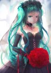  1girl choker corset dress elbow_gloves flower gloves green_eyes green_hair hair_flower hair_ornament hatsune_miku highres long_hair mimi_n rose solo twintails veil vocaloid wedding_dress 