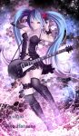  1219_yusuke 1girl blue_hair boots character_name copyright_name corset cross-laced_footwear dress elbow_gloves electric_guitar flower gloves guitar hair_flower hair_ornament hatsune_miku highres instrument knee_boots lace-up_boots long_hair single_elbow_glove solo thigh-highs twintails very_long_hair violet_eyes vocaloid 