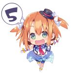  1girl aqua_eyes bow brown_hair chibi gloves hair_bow hat idol microphone mini_top_hat necktie official_art open_mouth open_vest original overskirt shirabi_(life-is-free) shirt skirt sleeveless smile solo speech_bubble thigh_strap top_hat two_side_up white_gloves 