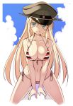  1girl alternate_costume bare_shoulders bikini bismarck_(kantai_collection) blonde_hair blue_eyes blush breasts cleavage front-tie_top hat highres kantai_collection long_hair looking_at_viewer military_hat oota_yuuichi open_mouth peaked_cap side-tie_bikini smile solo swimsuit 