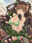  1girl bikini black_legwear blue_eyes breasts brown_gloves brown_hair cannon cleavage clouds cloudy_sky collarbone fingerless_gloves gloves green_bikini hair_ornament large_breasts long_hair looking_at_viewer machinery official_art original re_lucy sky smile solo swimsuit thighhighs very_long_hair weapon_girls 