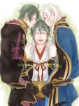  1girl 2boys ^_^ ahoge carrying closed_eyes family fire_emblem fire_emblem:_kakusei green_hair happy_birthday hooded_jacket japanese_clothes mark_(fire_emblem) multiple_boys my_unit open_mouth otoka_hisagi smile solt_(fire_emblem) twintails white_hair 