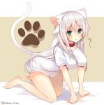  1girl all_fours anceril_sacred animal_ears bottomless cat_ears cat_print cat_tail chestnut_mouth collar green_eyes hair_ribbon long_hair looking_at_viewer mishima_kurone naked_shirt original ribbon solo t-shirt tail white_hair 