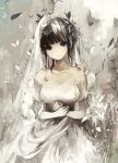  1girl asahiro_(algl) bare_shoulders black_eyes black_hair bridal_veil butterfly dress elbow_gloves expressionless gloves hair_ornament original short_hair solo standing veil wedding_dress white_dress 