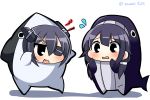  2girls alternate_costume black_eyes blush chibi costume eyepatch fang flying_sweatdrops headgear kantai_collection multiple_girls open_mouth purple_hair shark simple_background tagme taigei_(kantai_collection) tenryuu_(kantai_collection) twintails twitter_username twumi wavy_mouth whale white_background 