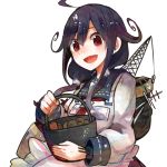  1girl apron breasts bucket carrot itomugi-kun kantai_collection long_hair low_twintails open_mouth personification potato purple_hair red_eyes school_uniform serafuku solo taigei_(kantai_collection) twintails waist_apron 