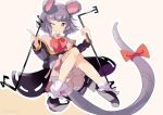  1girl adapted_costume alternate_costume amano_kenpi animal_ears artist_name bloomers bow capelet dowsing_rod grey_hair long_sleeves looking_at_viewer mouse_ears mouse_tail nazrin one_eye_closed ribbon shirt short_hair simple_background skirt skirt_set smile socks solo tail tail_ribbon touhou underwear vest white_legwear 