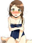  1girl brown_eyes brown_hair cla_(torinabe) competition_school_swimsuit highres nisekoi onodera_kosaki school_swimsuit short_hair sitting swimsuit swimsuit_pull wariza 