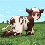  1girl all_fours atom_heart_mother brown_eyes cow grass looking_at_viewer looking_back mahou_shoujo_madoka_magica outdoors parody pink_floyd sakura_kyouko shingyouji_tatsuya solo 