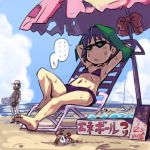  1boy 1girl arms_behind_head beach beach_chair beach_umbrella bikini blue_hair bow carrie_fernandez castlevania castlevania:_legacy_of_darkness child crab hat lowres navel parted_lips sitting sky standing stupa13a sunglasses sweat swimsuit tagme towel translation_request 