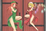  2girls :d bare_shoulders barefoot beret blonde_hair blue_eyes breasts china_dress chinese_clothes cookin door dress fighting_stance flandre_scarlet gate glowing glowing_wings hat highres hong_meiling jumping legs mob_cap multiple_girls open_mouth orange_hair red_eyes sleeveless sleeveless_dress small_breasts smile thighs touhou wings 