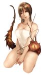  1girl absurdres breasts brown_eyes brown_hair dako6995 highres looking_at_viewer original seiza simple_background sitting smile solo tail white_background 