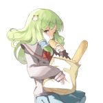  1girl bag baguette bread bread_in_mouth eating food frog_hair_ornament green_eyes green_hair hair_ornament hair_tubes hillly_(maiwetea) kochiya_sanae paper_bag school_uniform touhou 