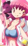  1girl ;p akane_(pokemon) badge breasts cleavage gym_leader hair_ornament hairclip large_breasts looking_at_viewer miltank navel one_eye_closed open_clothes open_jacket pink_eyes pink_hair pokemon pokemon_(game) pokemon_hgss shiny shiny_skin solo thumbs_up tongue twintails vivivoovoo wink 
